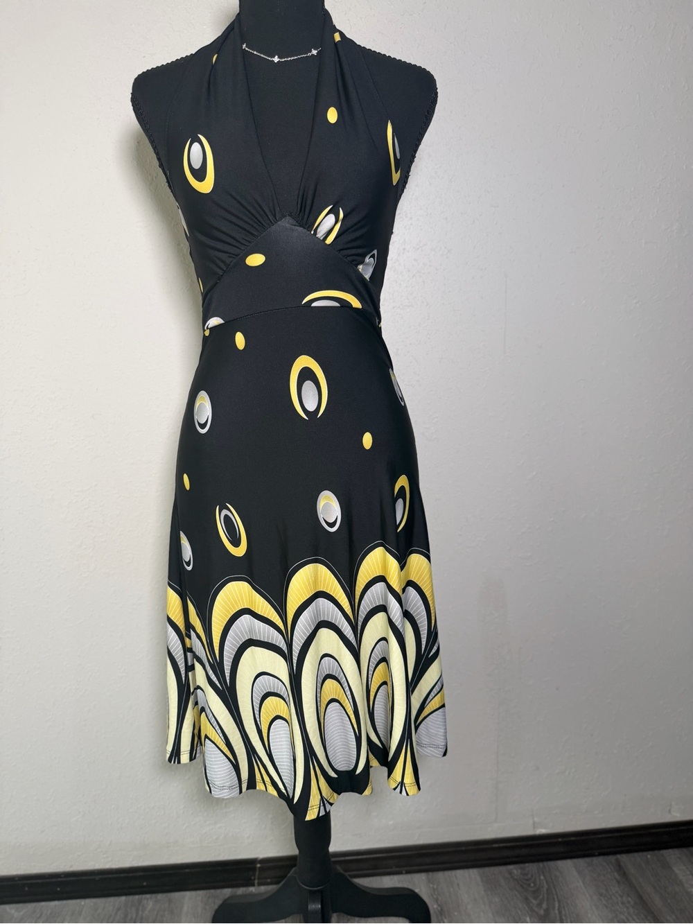 Black & Yellow Sleeveless Halter Dress